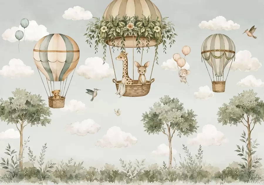 murales de pared Globos aerostáticos con una jirafa, un canguro, un oso y otros animales entre las nubes y los árboles w05738