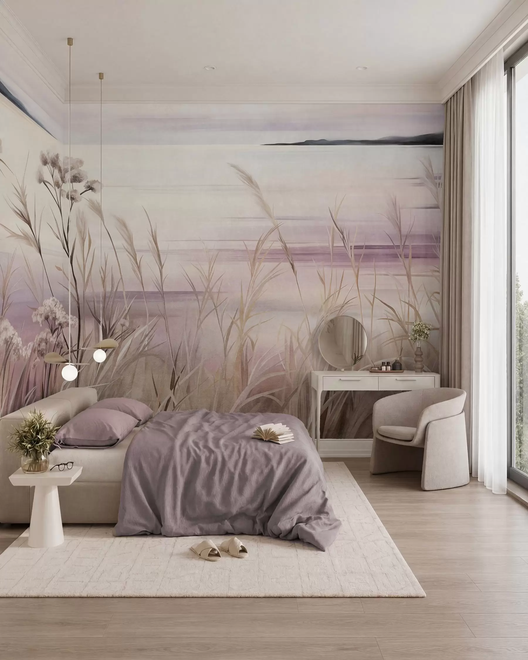 murales de pared Paisaje con flores secas y hierba alta cerca del río, y un cielo suave en tonos pastel w09939