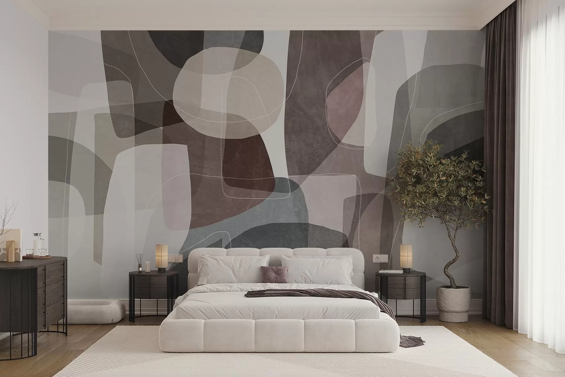murales de pared Formas abstractas en tonos tierra apagados con finas líneas blancas y texturas superpuestas w09942