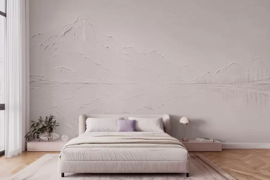 murales de pared Un paisaje montañoso de color rosa claro y con textura, con un lago que parece un espejo w05739v1