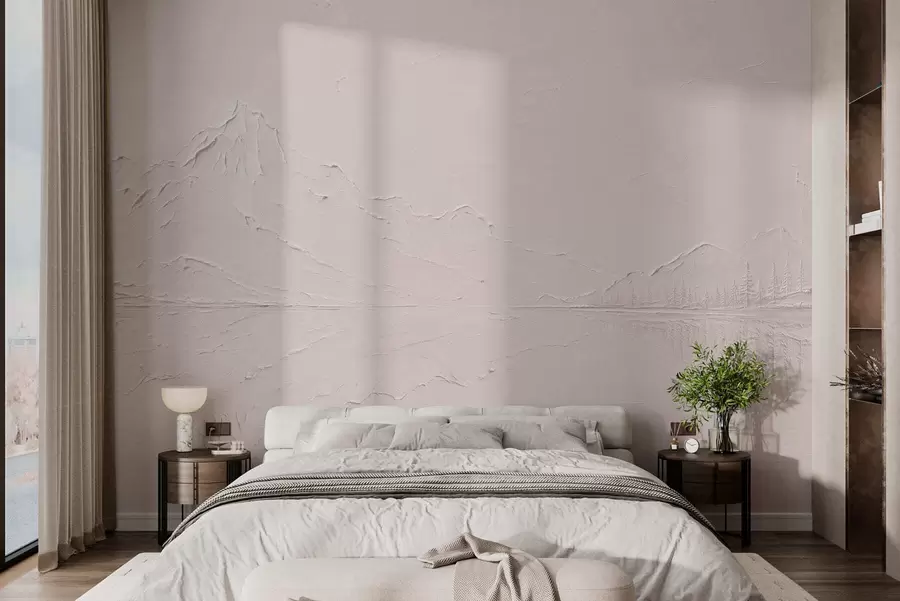 murales de pared Un paisaje montañoso de color rosa claro y con textura, con un lago que parece un espejo w05739v1