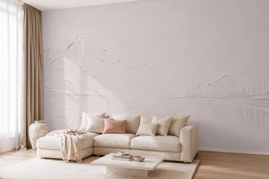 murales de pared Un paisaje montañoso de color rosa claro y con textura, con un lago que parece un espejo w05739v1