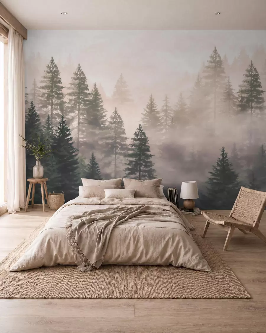 murales de pared Bosque de coníferas envuelto en niebla, en tonos verde oscuro, al estilo de la acuarela w09929