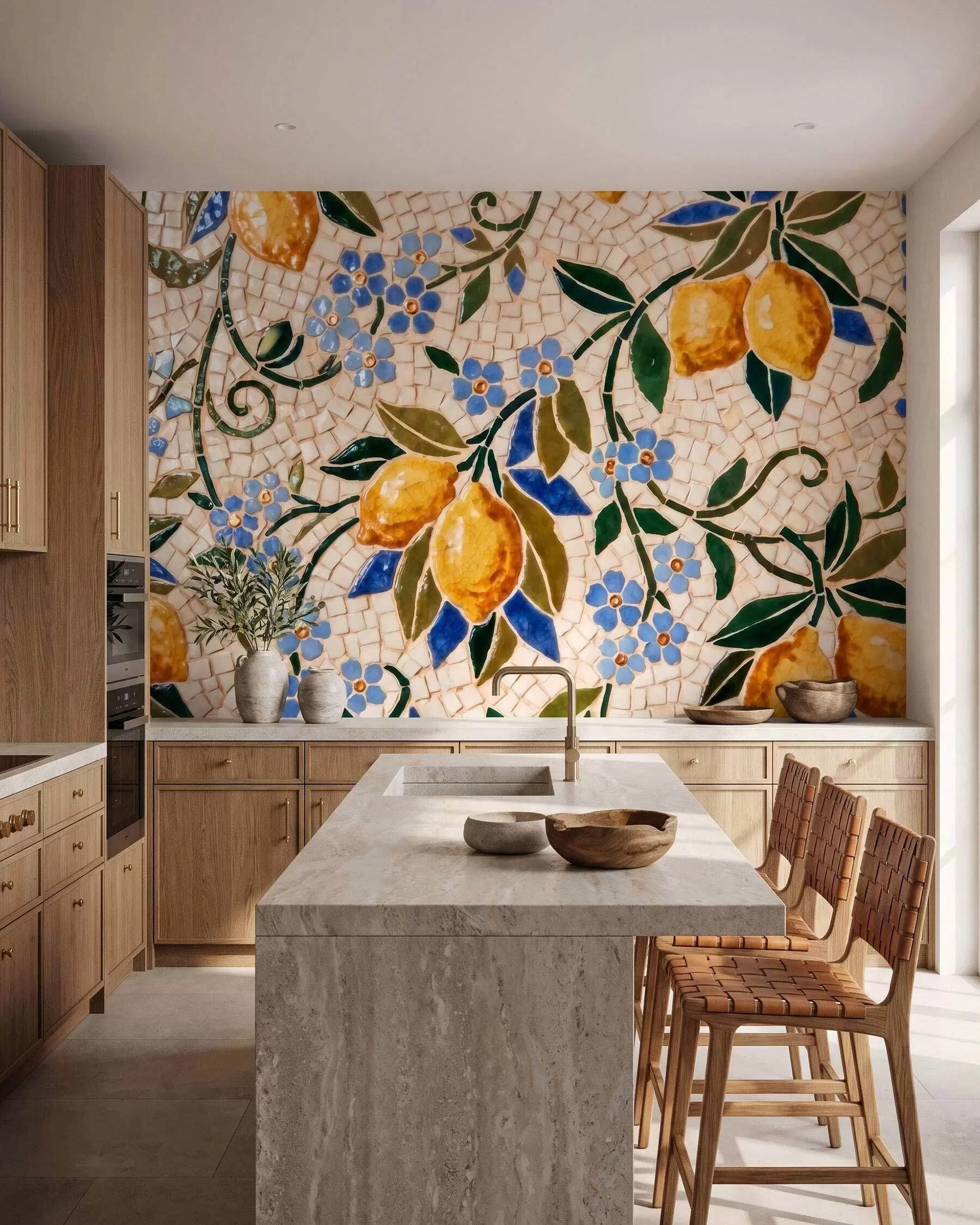 murales de pared Composición decorativa de colores vivos, al estilo de un mosaico cerámico, con jugosos limones, flores, hojas y ramas w09948
