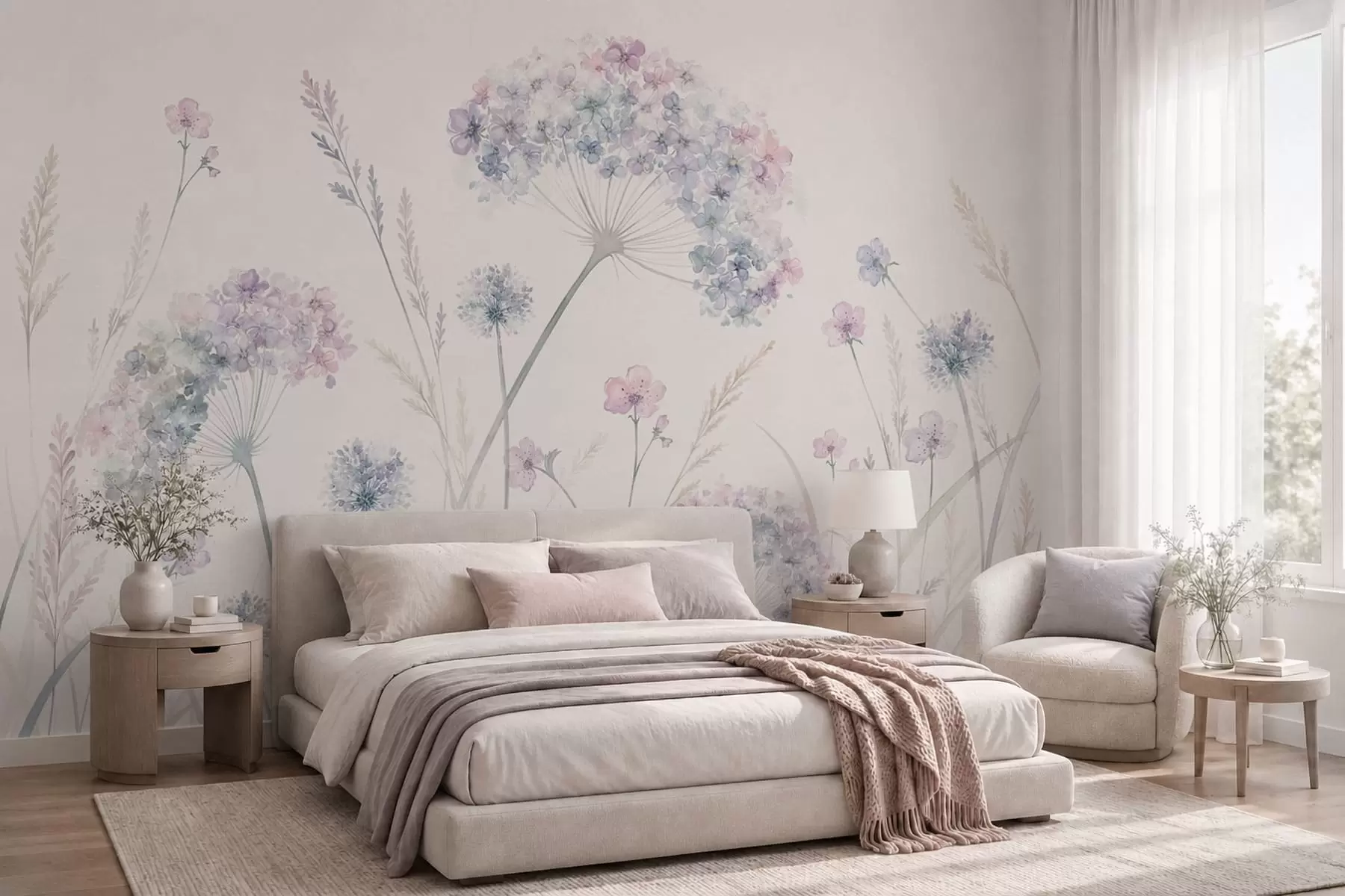 murales de pared Flores de prado en suaves tonos azules y lila w05731