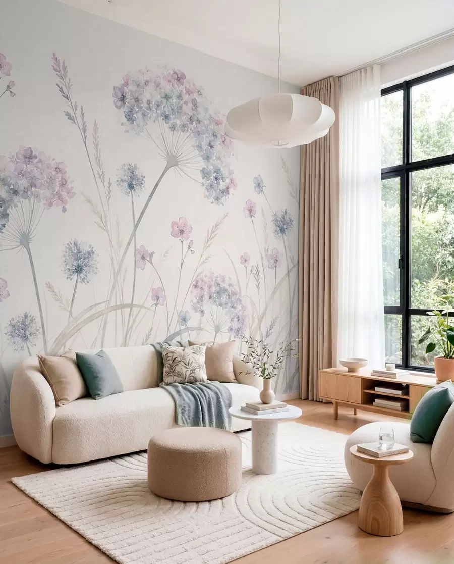 murales de pared Flores de prado en suaves tonos azules y lila w05731