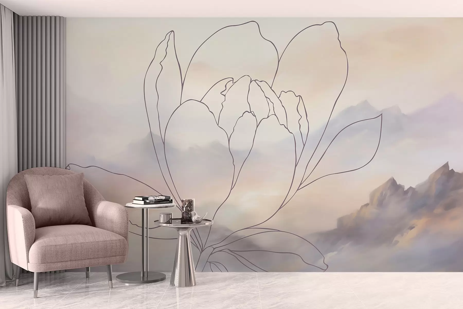murales de pared Paisaje de montaña con la silueta de una flor w05788