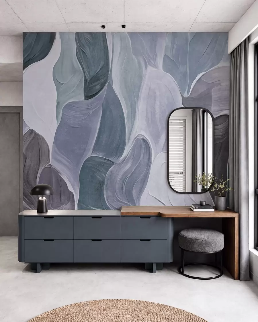 murales de pared Formas abstractas en tonos apagados de azul y gris, imitación de pinceladas w09908v1