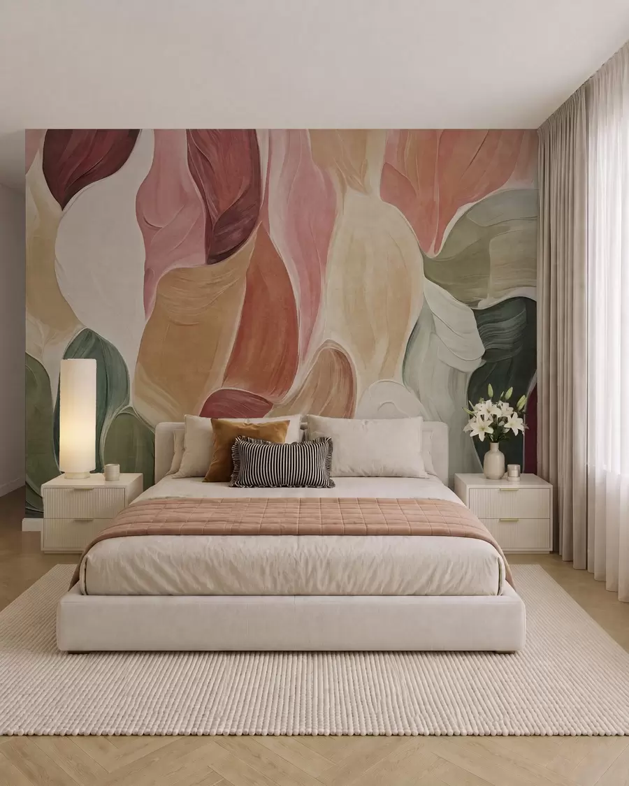 murales de pared Formas abstractas en tonos apagados de rosa, melocotón y verde, con imitación de pinceladas w09908