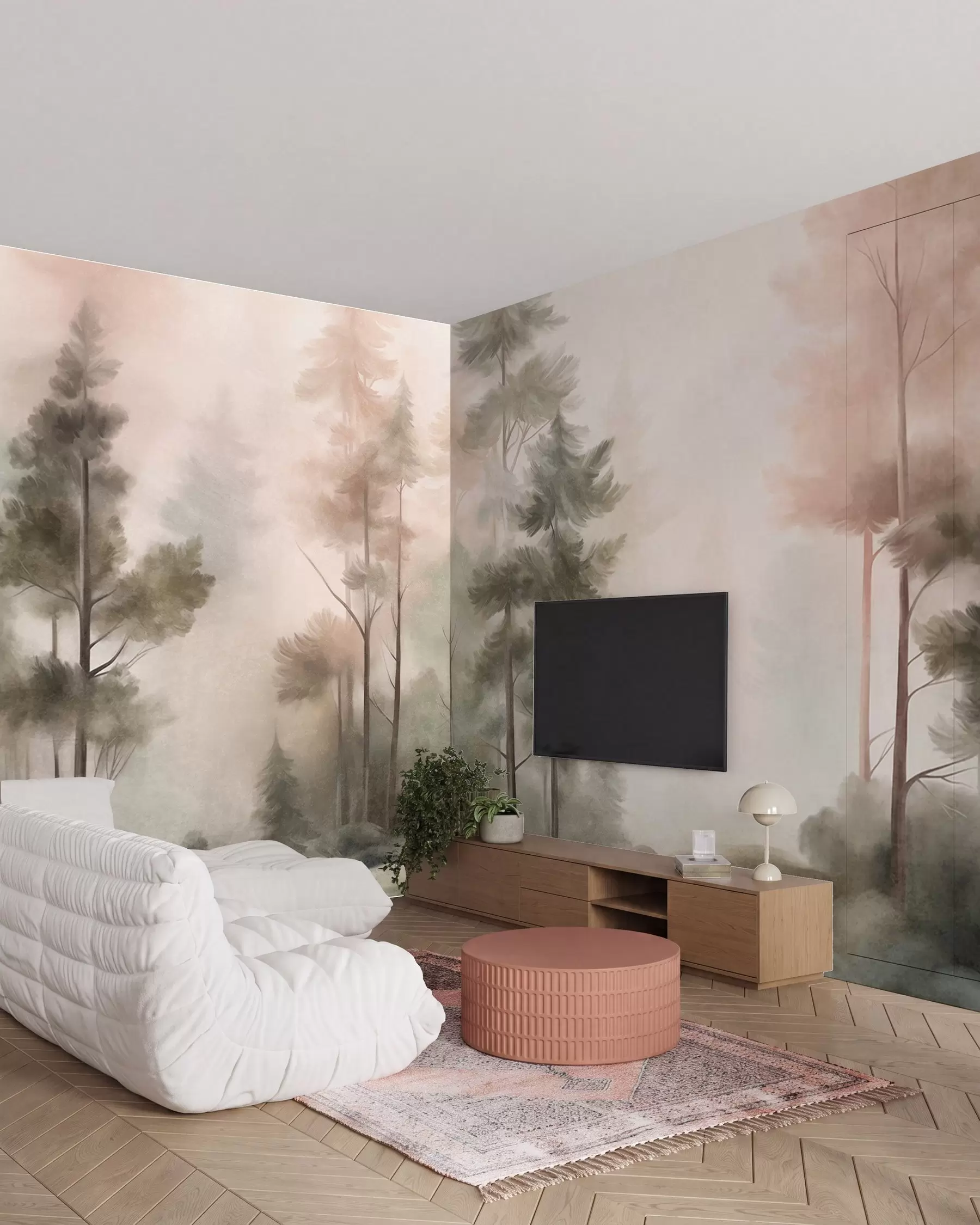 murales de pared Pinos en la bruma rosa w09982