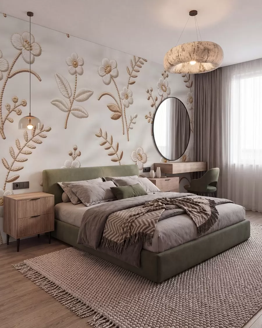 murales de pared Motivo floral de bordado simulado con hilo amarillo sobre tela w09953
