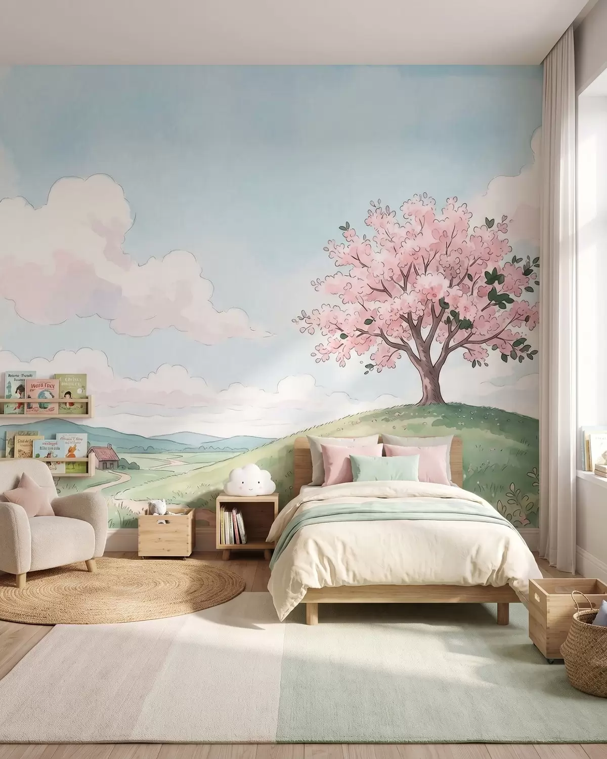 murales de pared Árbol en flor sobre una colina verde con una casita en la lejanía; paisaje al estilo de la acuarela w09954