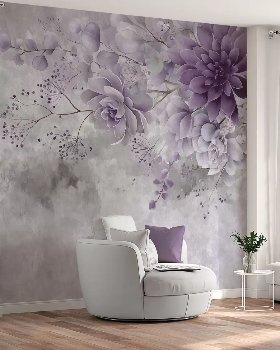 murales de pared Una vista desde arriba de unas flores fantásticas de estilo retro, en tonos morados w05753v2