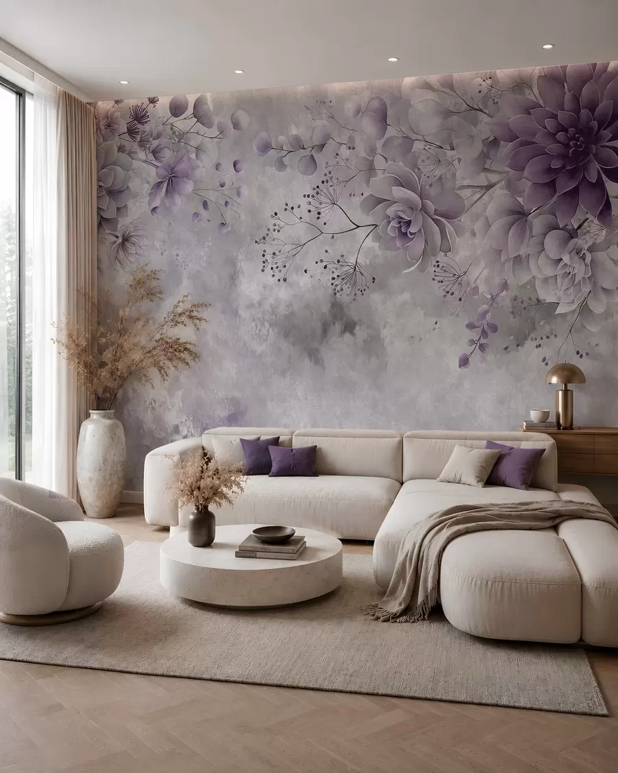murales de pared Una vista desde arriba de unas flores fantásticas de estilo retro, en tonos morados w05753v2