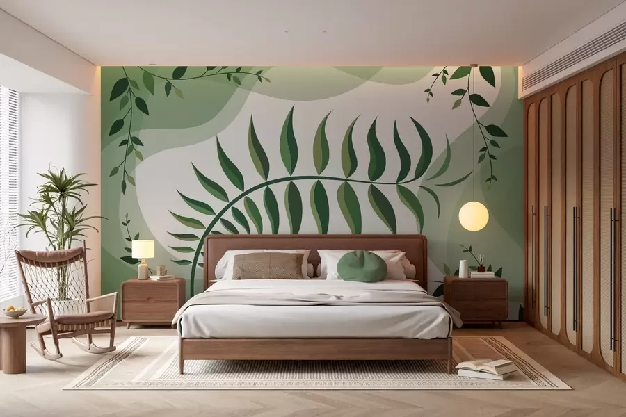 murales de pared Una hoja de helecho curvada en tonos verdes w05756