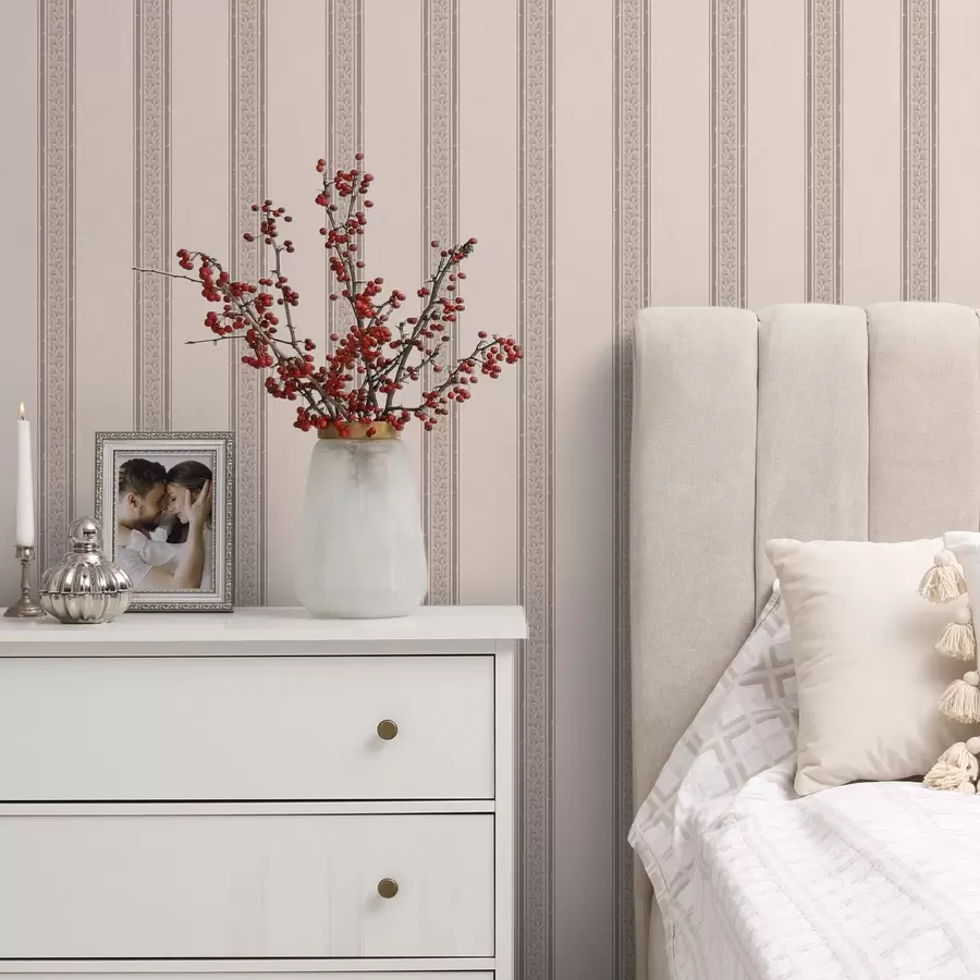murales de pared Delicadas rayas en tonos rosa y beige con hojas a01249