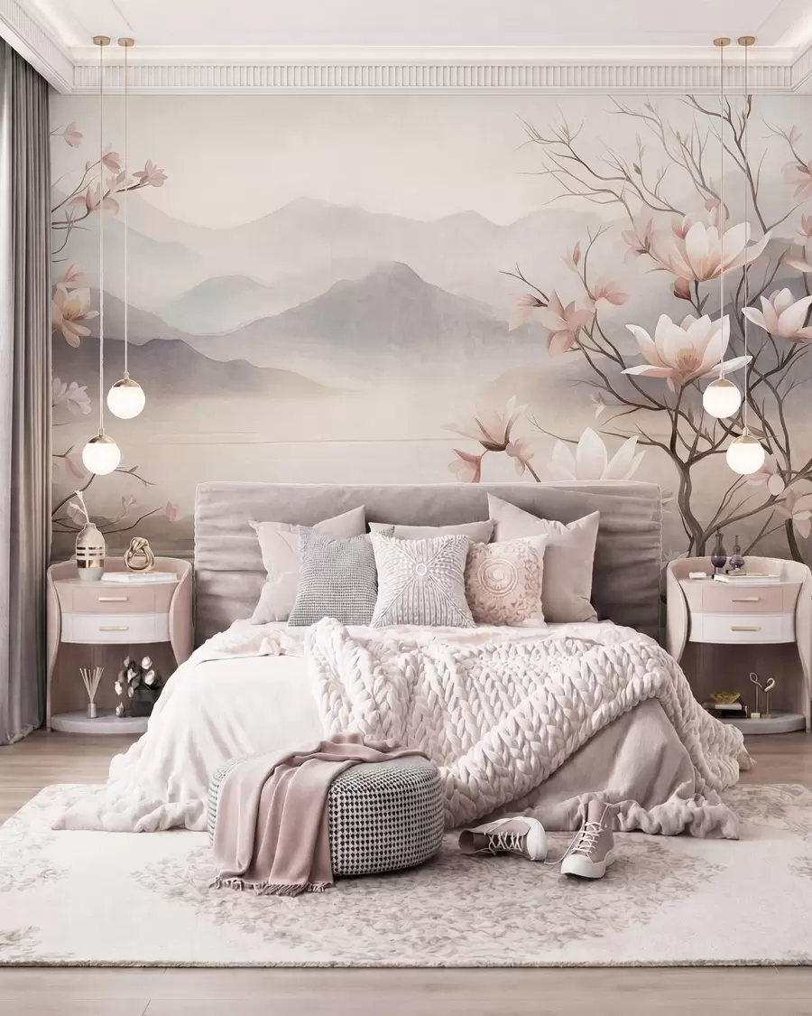 murales de pared Montañas y ramas de magnolia en flor de color rosa, paisaje con textura w10013