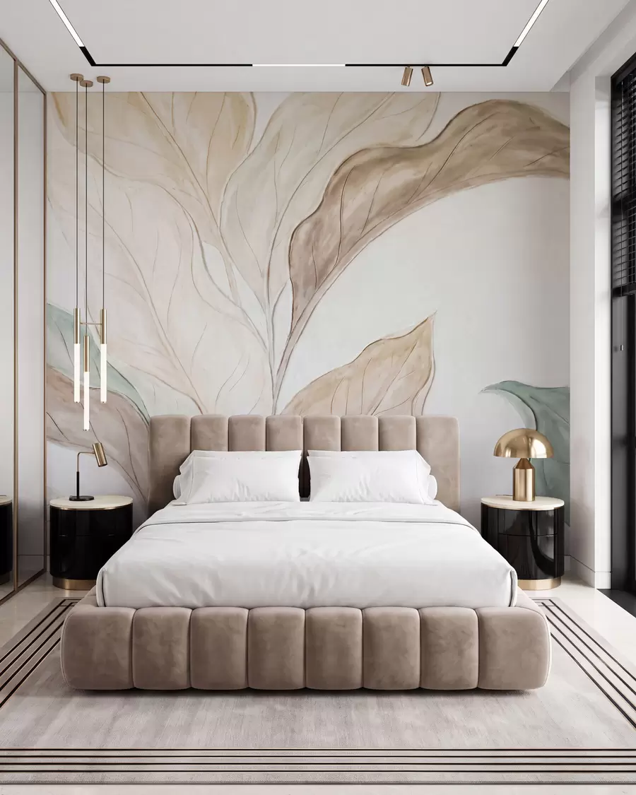 murales de pared Imitación de hojas delicadas de color beige verdoso, moldeadas en relieve w09991