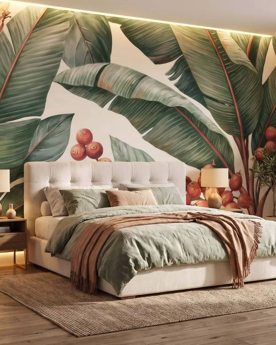 murales de pared Hojas de plátano tropicales con racimos de bayas de café rojas, estilo acuarela w09997