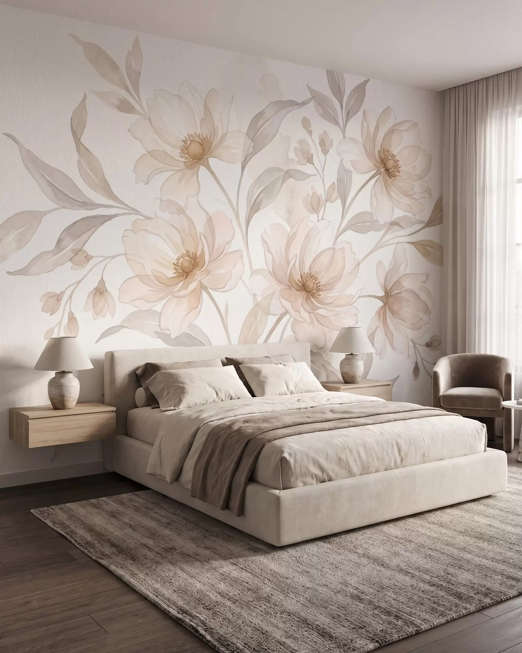murales de pared Peonías etéreas en suaves tonos beige empolvado w10002