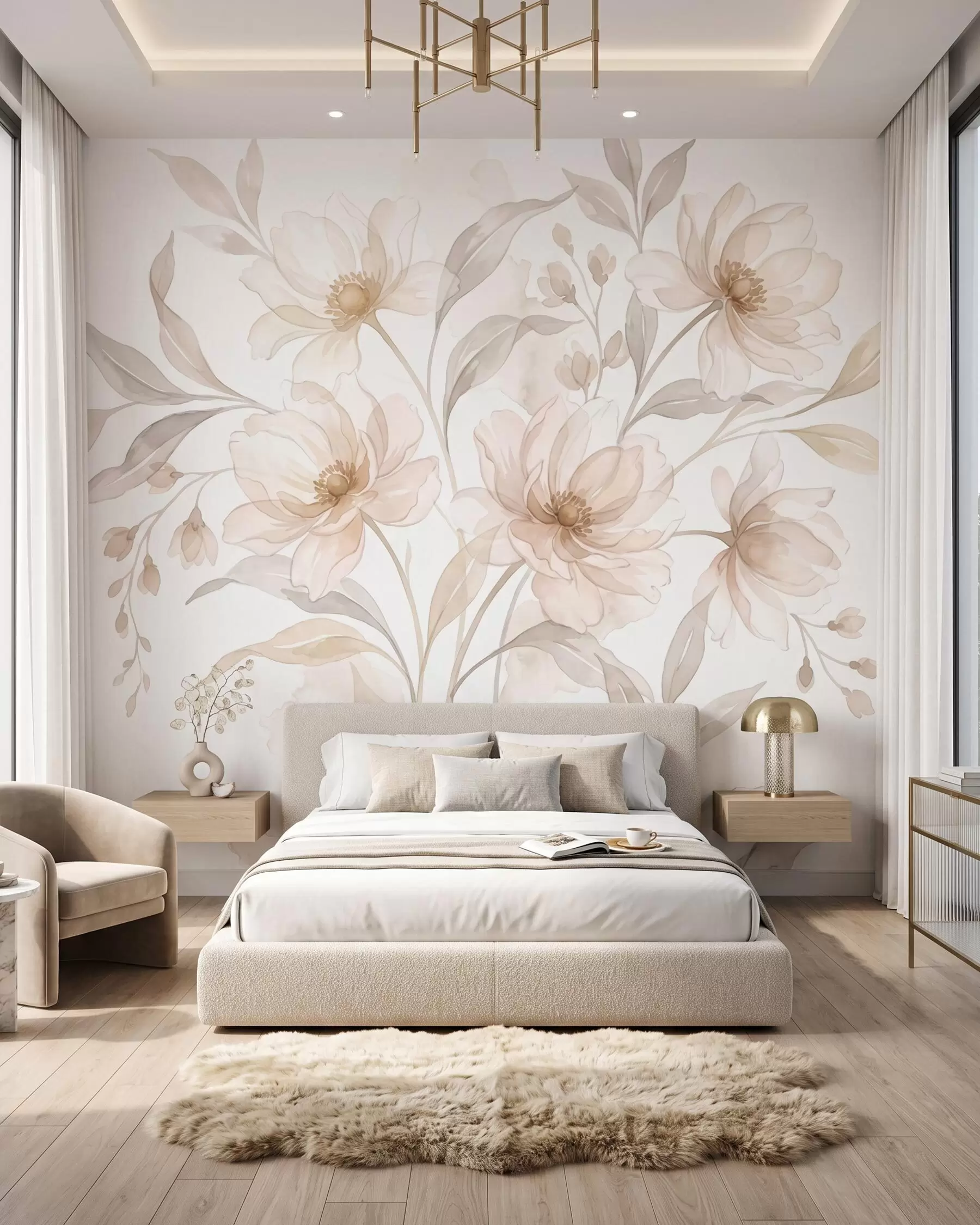 murales de pared Peonías etéreas en suaves tonos beige empolvado w10002