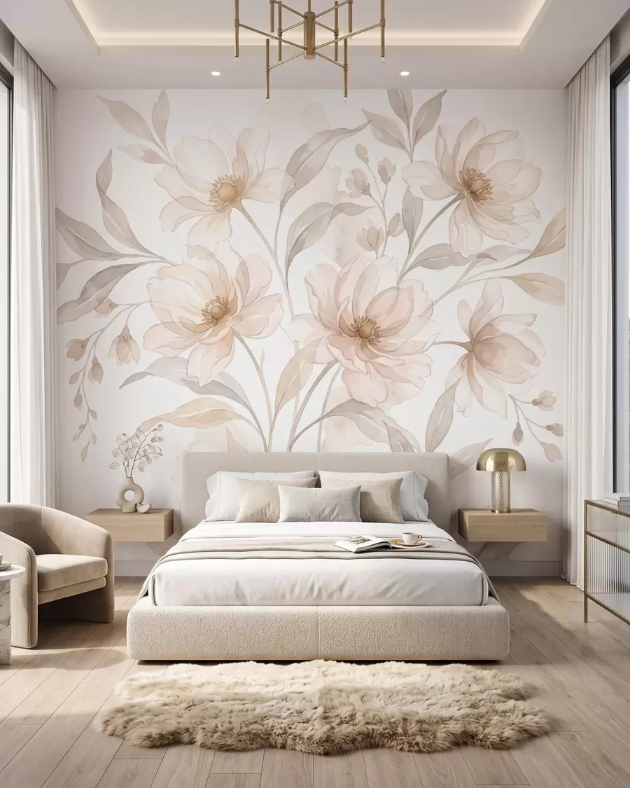 murales de pared Peonías etéreas en suaves tonos beige empolvado w10002