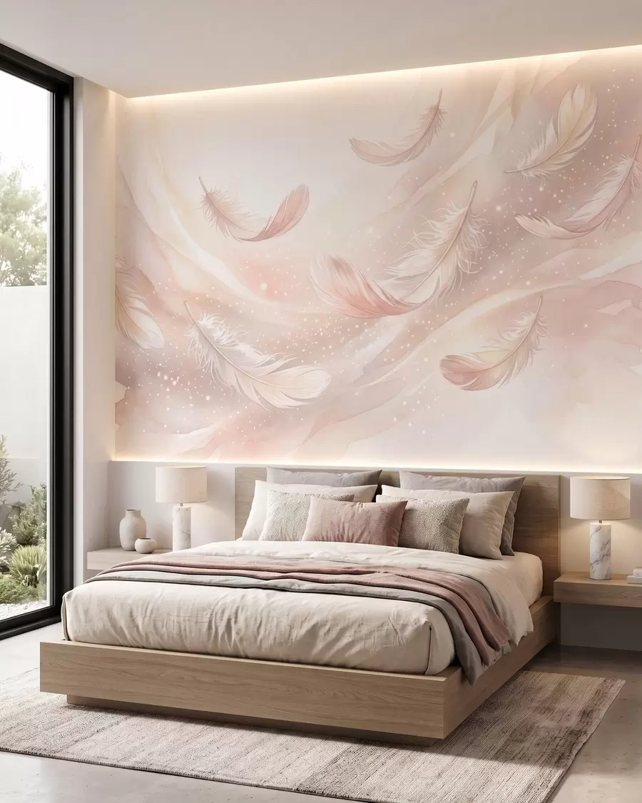 murales de pared Plumas delicadas y etéreas en una neblina de color rosa melocotón con destellos w10003