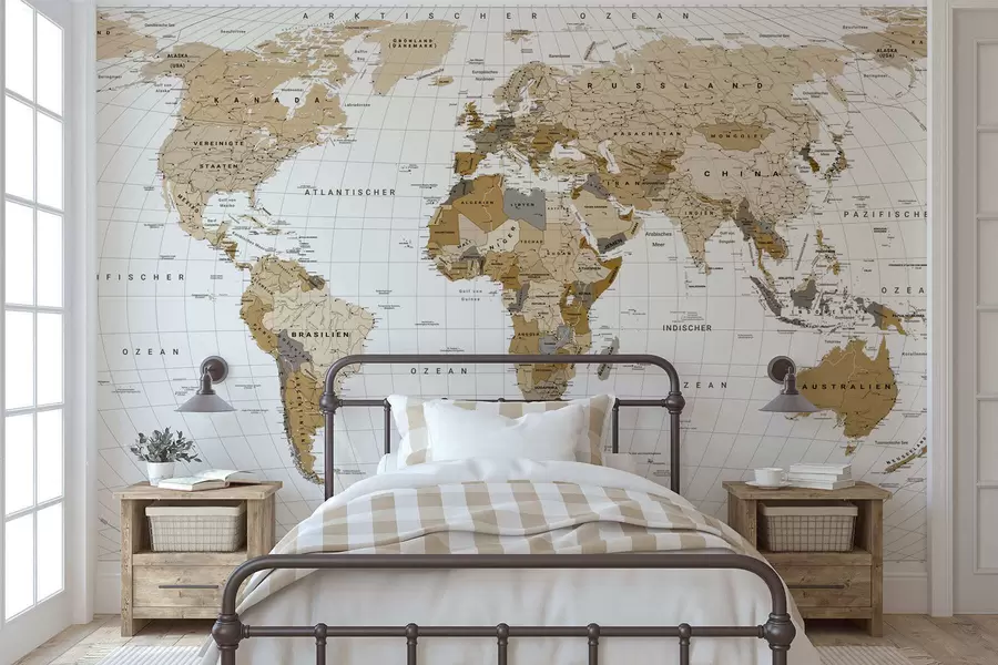 murales de pared Un mapa político del mundo en color marrón con banderas en alemán c00016de