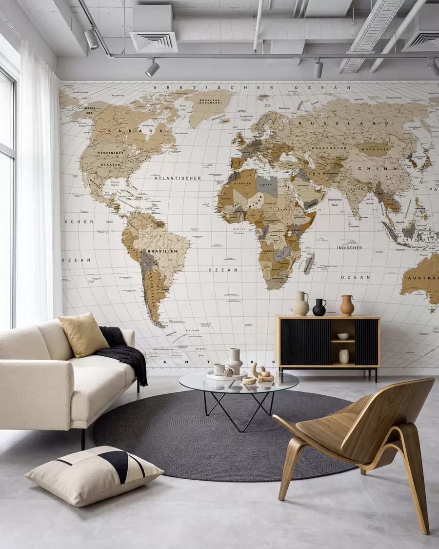 murales de pared Un mapa político del mundo en color marrón con banderas en alemán c00016de