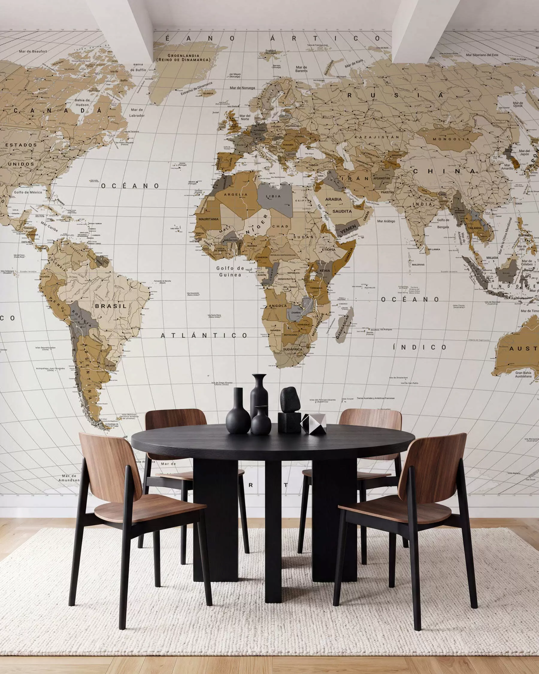 murales de pared Un mapa político del mundo en color marrón con banderas en español c00016es