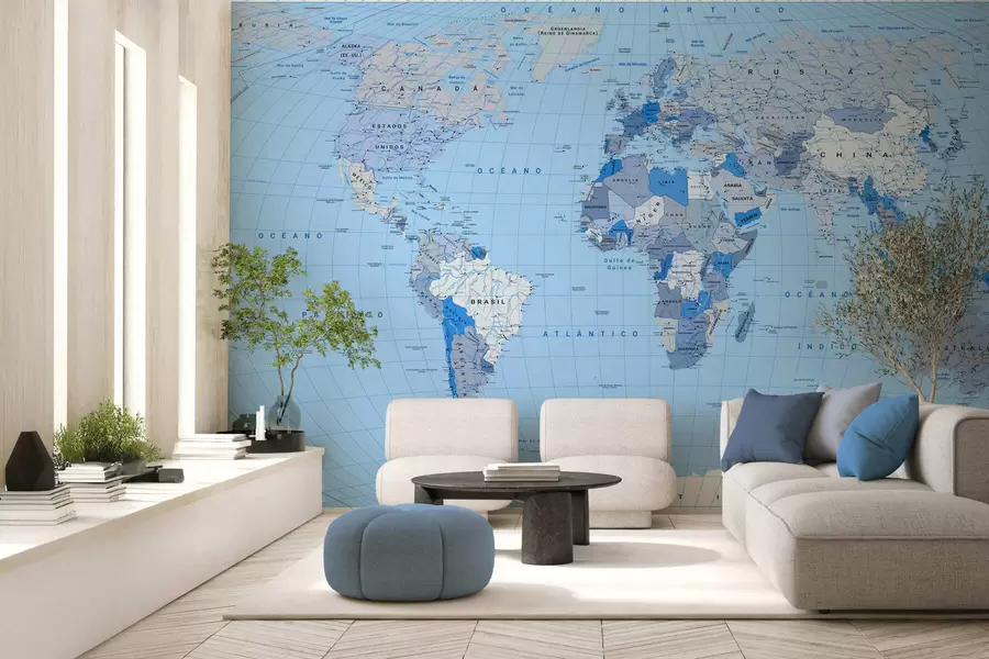 murales de pared Mapa político del mundo en azul con banderas, en español c00016esv2