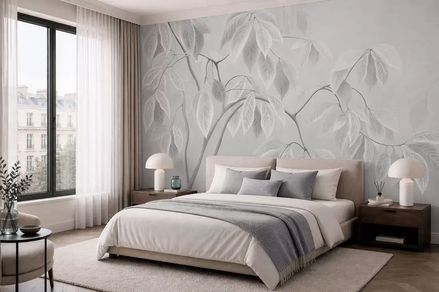 murales de pared Ramas claras con hojas grandes sobre un fondo suave w05806