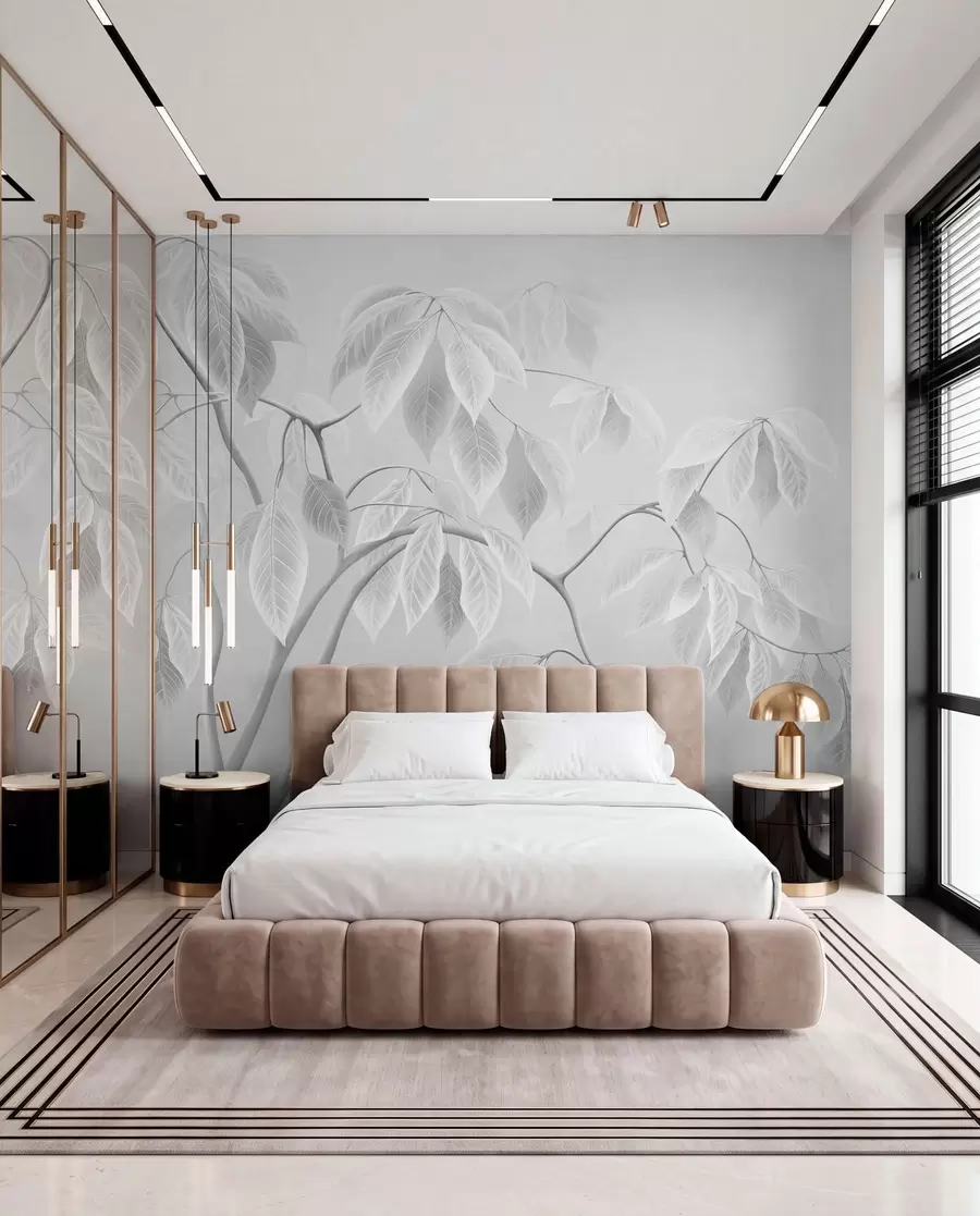 murales de pared Ramas claras con hojas grandes sobre un fondo suave w05806