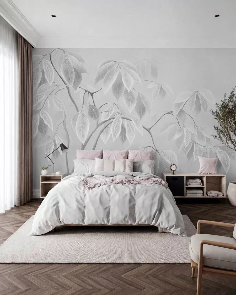 murales de pared Ramas claras con hojas grandes sobre un fondo suave w05806