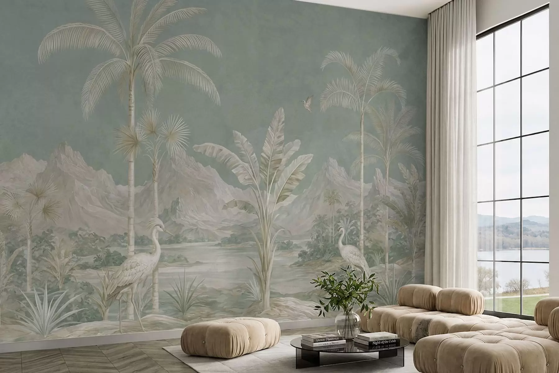 murales de pared Paisaje tropical en suaves tonos verdes w05819