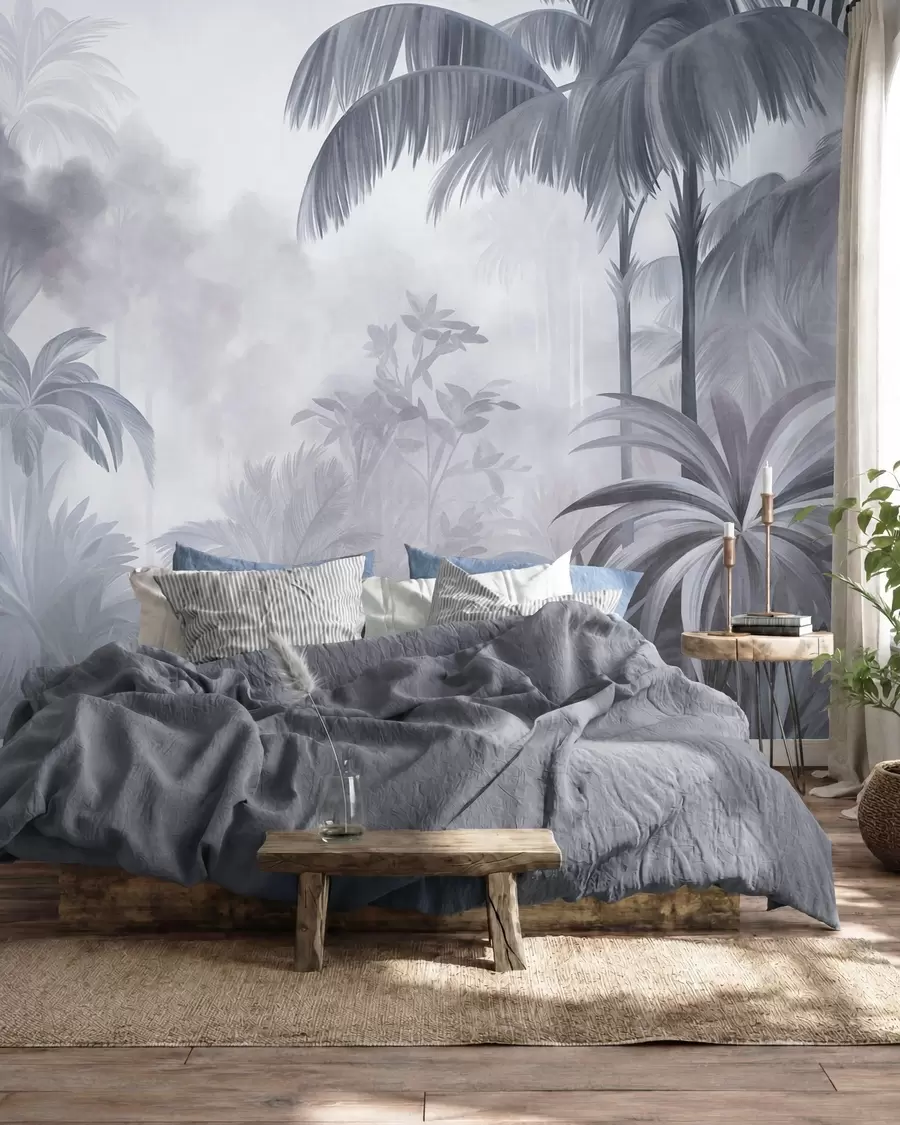 murales de pared Paisaje selvático con textura, con palmeras y una exuberante vegetación, en un estilo suave y pictórico w10016v1