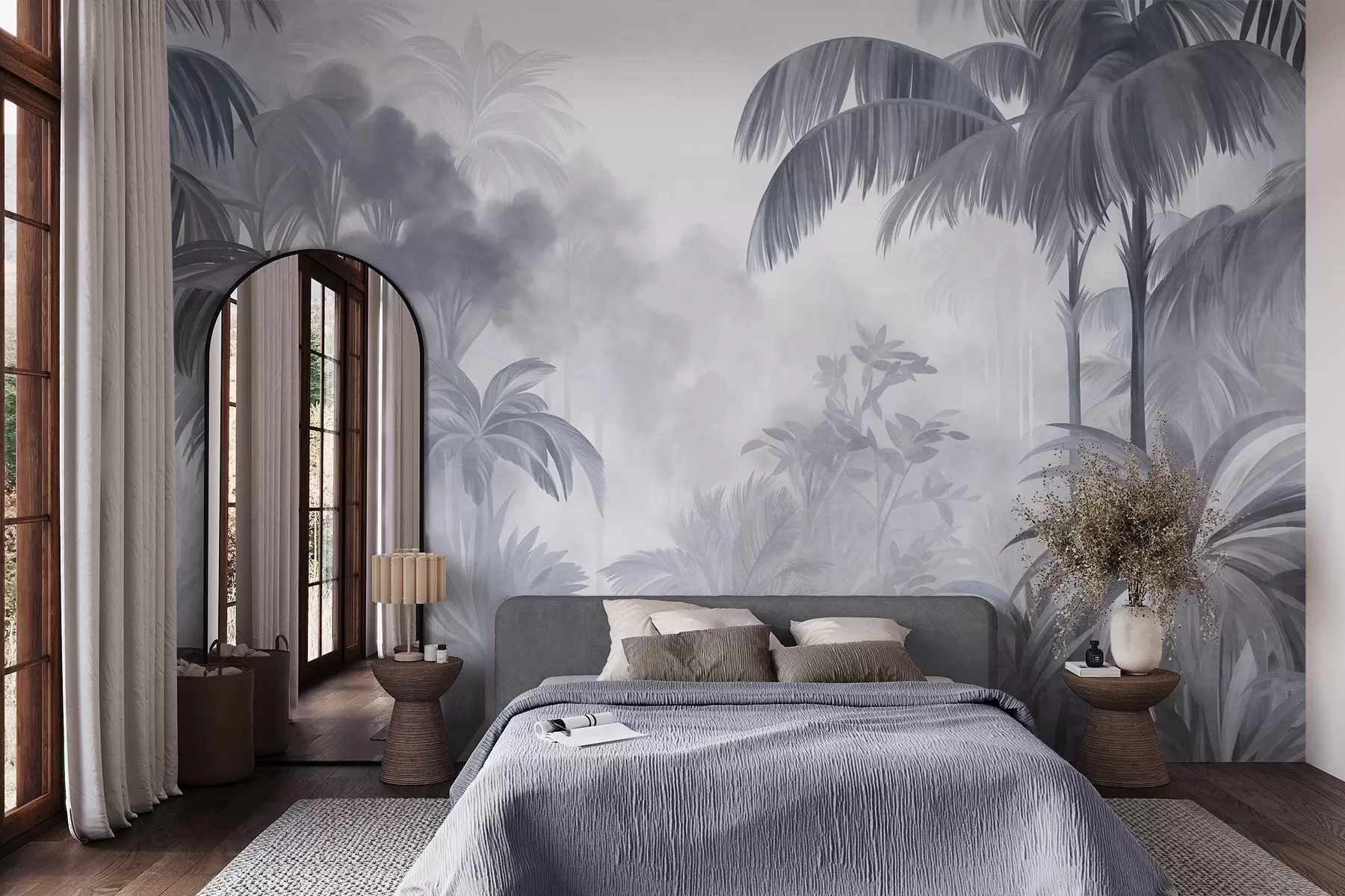 murales de pared Paisaje selvático con textura, con palmeras y una exuberante vegetación, en un estilo suave y pictórico w10016v1