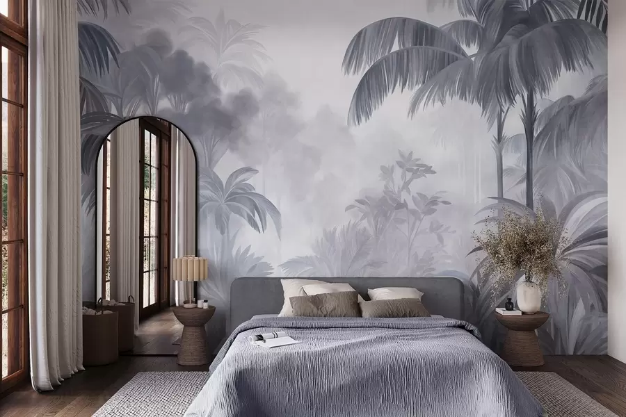 murales de pared Paisaje selvático con textura, con palmeras y una exuberante vegetación, en un estilo suave y pictórico w10016v1