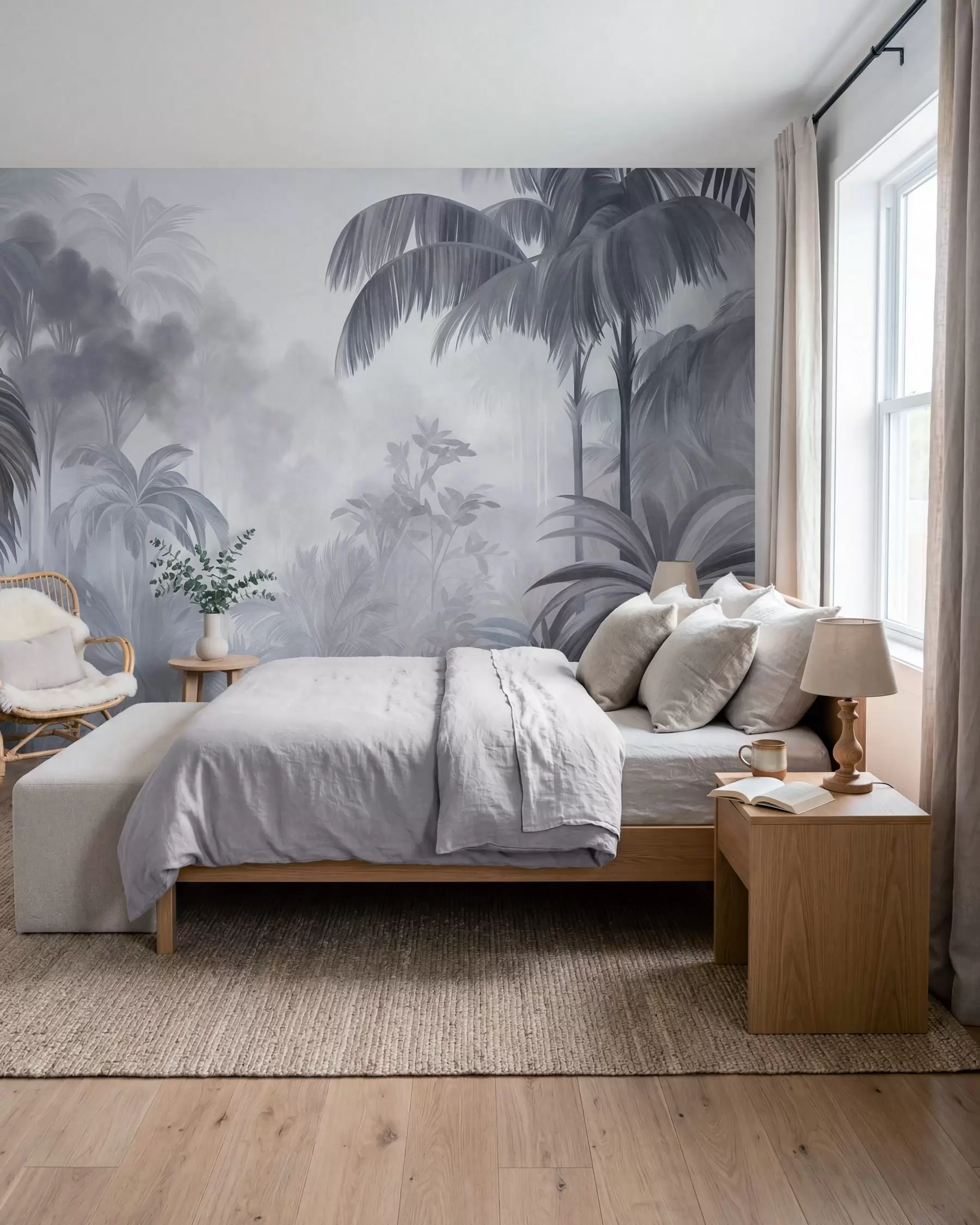 murales de pared Paisaje selvático con textura, con palmeras y una exuberante vegetación, en un estilo suave y pictórico w10016v1