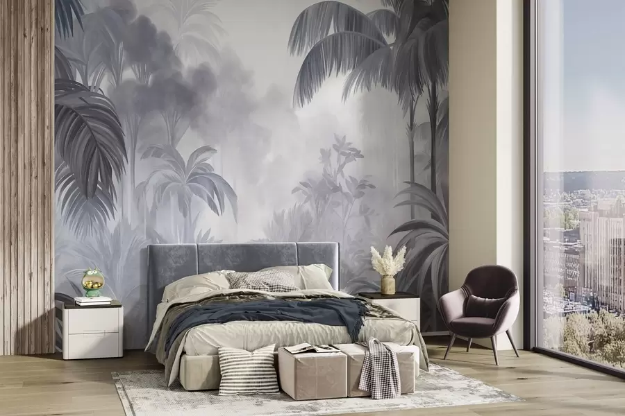 murales de pared Paisaje selvático con textura, con palmeras y una exuberante vegetación, en un estilo suave y pictórico w10016v1
