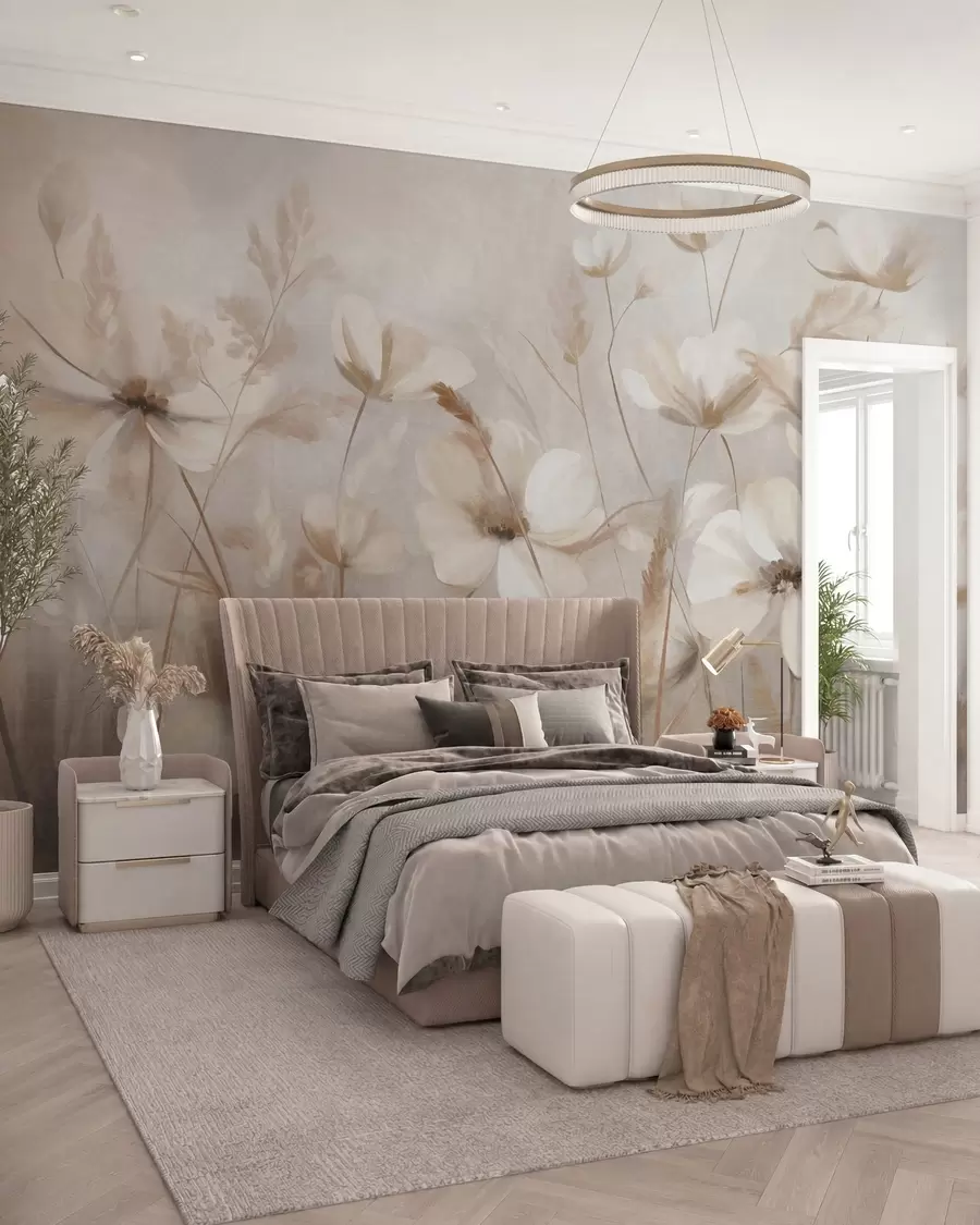 murales de pared Un campo de flores de colores claros y hierbas altas en tonos apagados, obra de arte con textura w10019
