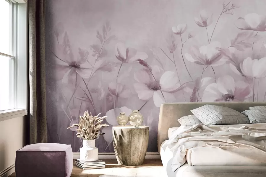 murales de pared Un campo de flores de colores claros y hierbas altas en tonos apagados, obra de arte con textura w10019v1