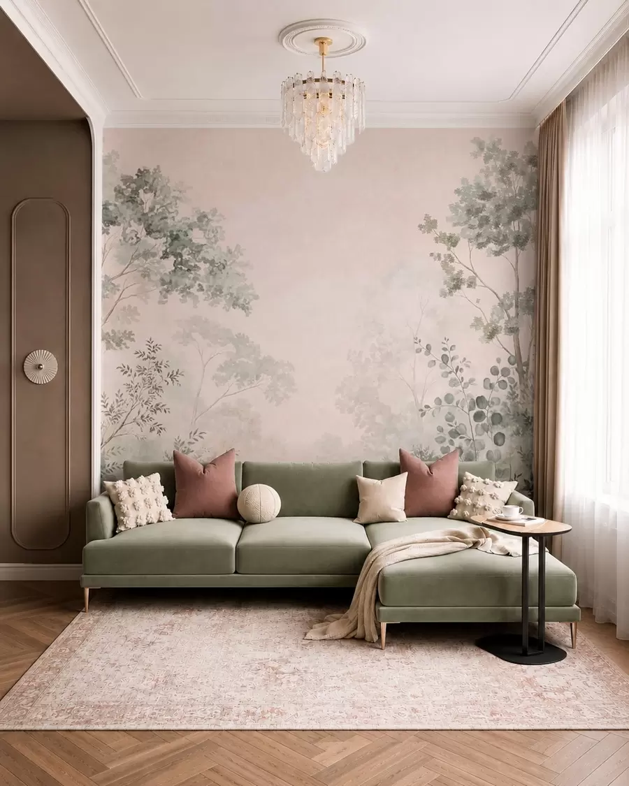 murales de pared Árboles y arbustos del bosque en tonos pastel difuminados w05856