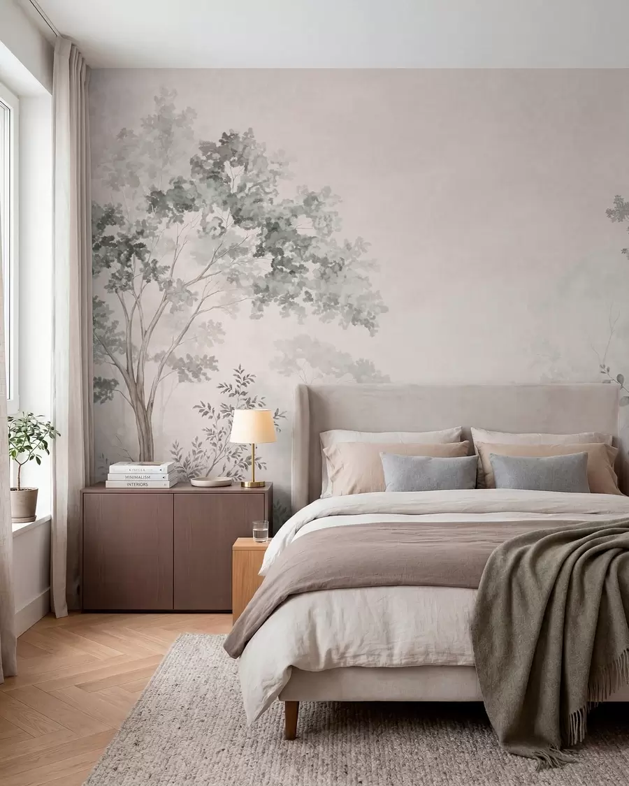 murales de pared Árboles del bosque y vegetación sobre un fondo con una ligera bruma w05856v1