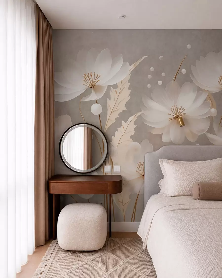 murales de pared Grandes flores blancas con hojas decorativas sobre un fondo gris w05857