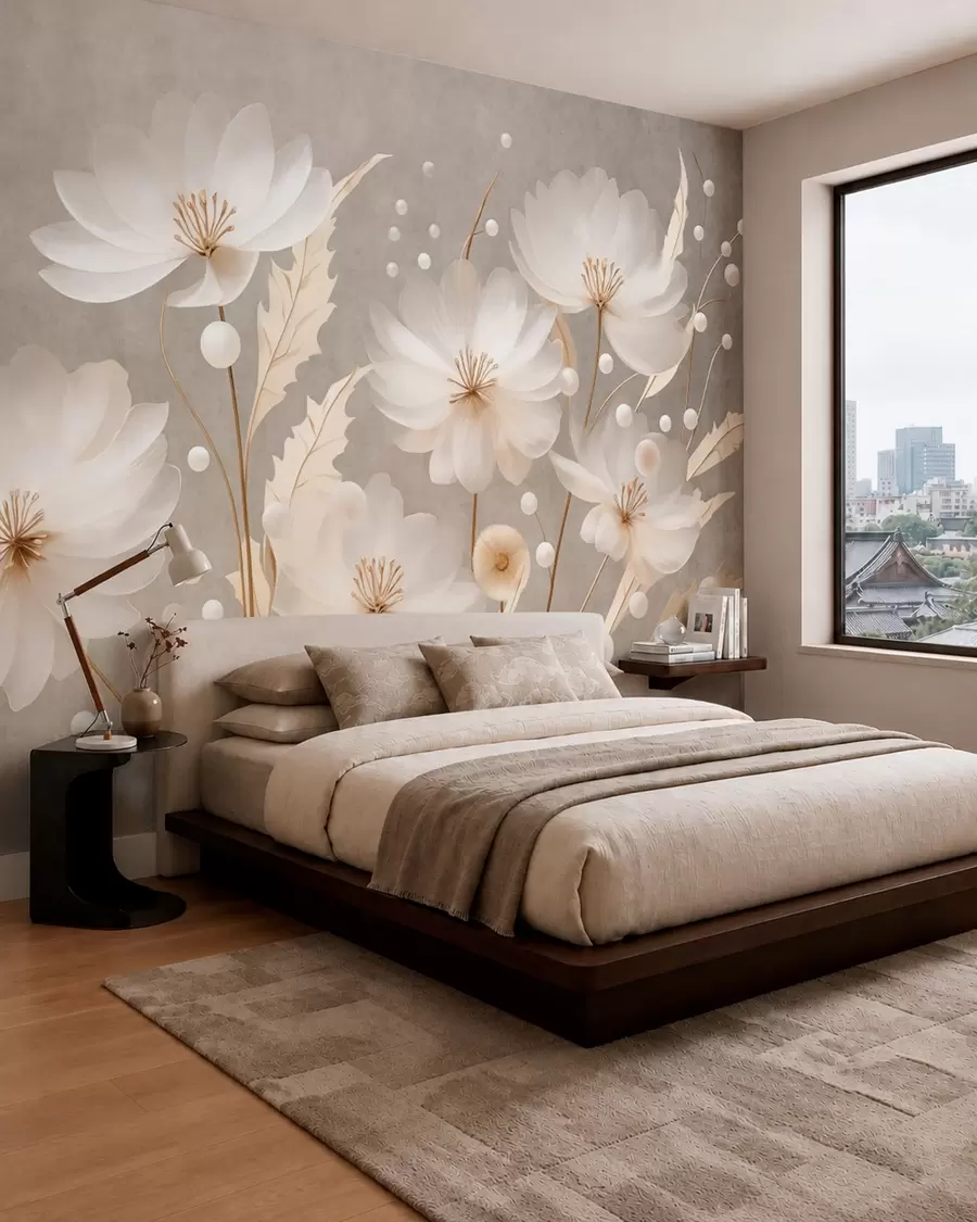 murales de pared Grandes flores blancas con hojas decorativas sobre un fondo gris w05857