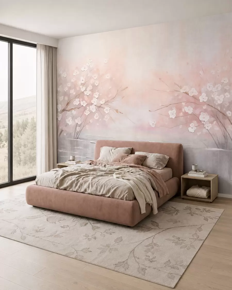 murales de pared Ramas en flor sobre aguas tranquilas en suaves tonos rosados w05858