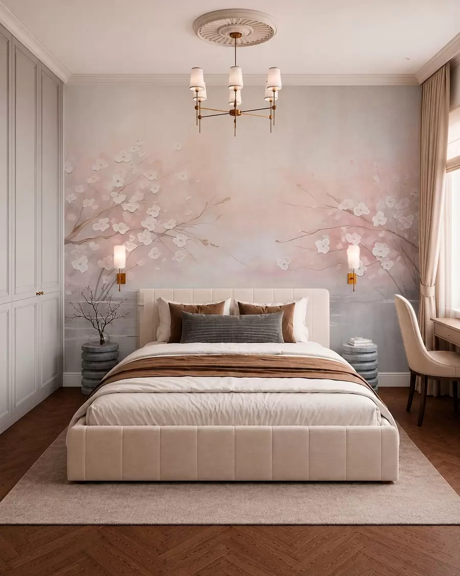murales de pared Ramas en flor sobre aguas tranquilas en suaves tonos rosados w05858