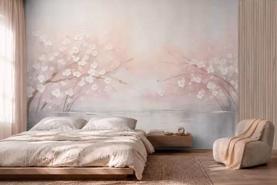 murales de pared Ramas en flor sobre aguas tranquilas en suaves tonos rosados w05858