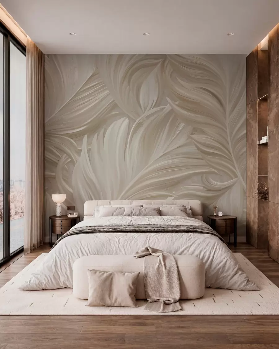 murales de pared Una pluma grande, pintada y curvada en cálidos tonos beige w05757